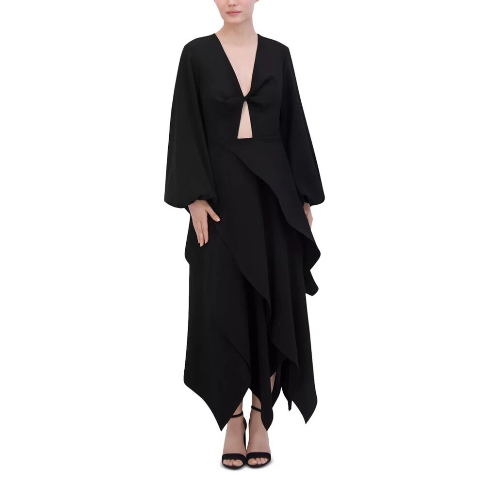 BCBG Max Azria Black Crepe Flounce Ruffle Midi Dress NWT $368, Size 4, NWT!